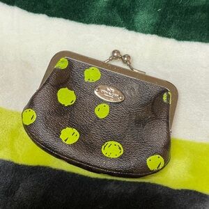 Coach Brown and Lime Green Dot Coin Purse